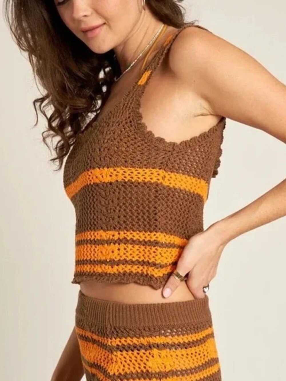 En Creme Orange and Brown Crochet Skirt Set
